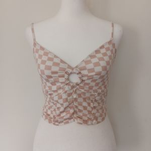tan and white ruched checkerboard cropped cami
